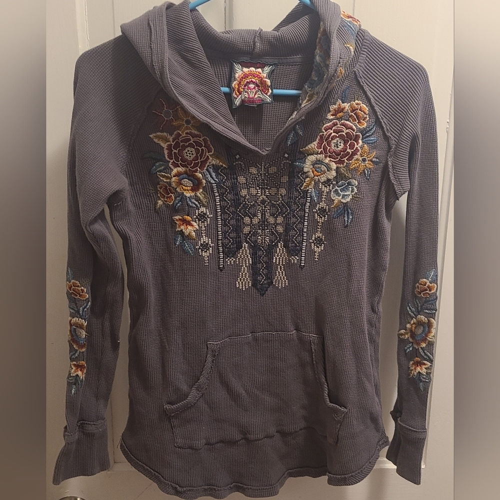 Johnny Was Gray Hoodie with Multicolor Floral Embroidery